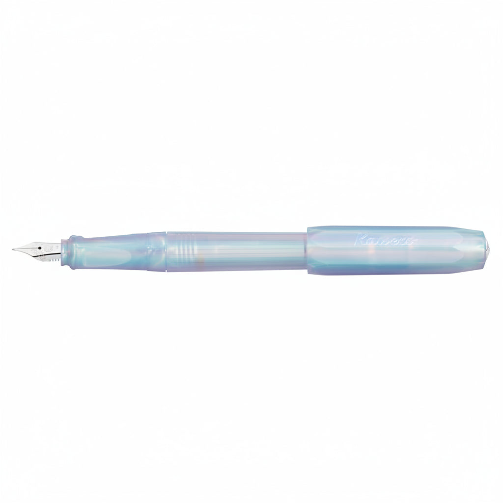Fountain pen with a light blue body on a white background