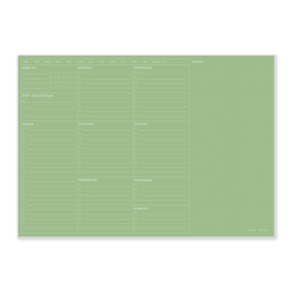 nóta póca forest green desk pad open to weekly planner layout