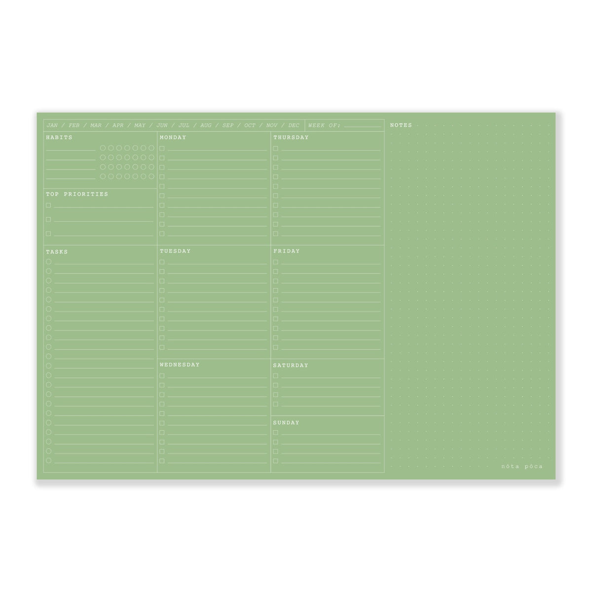 nóta póca forest green desk pad open to weekly planner layout