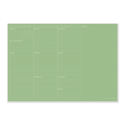 nóta póca forest green desk pad open to weekly planner layout