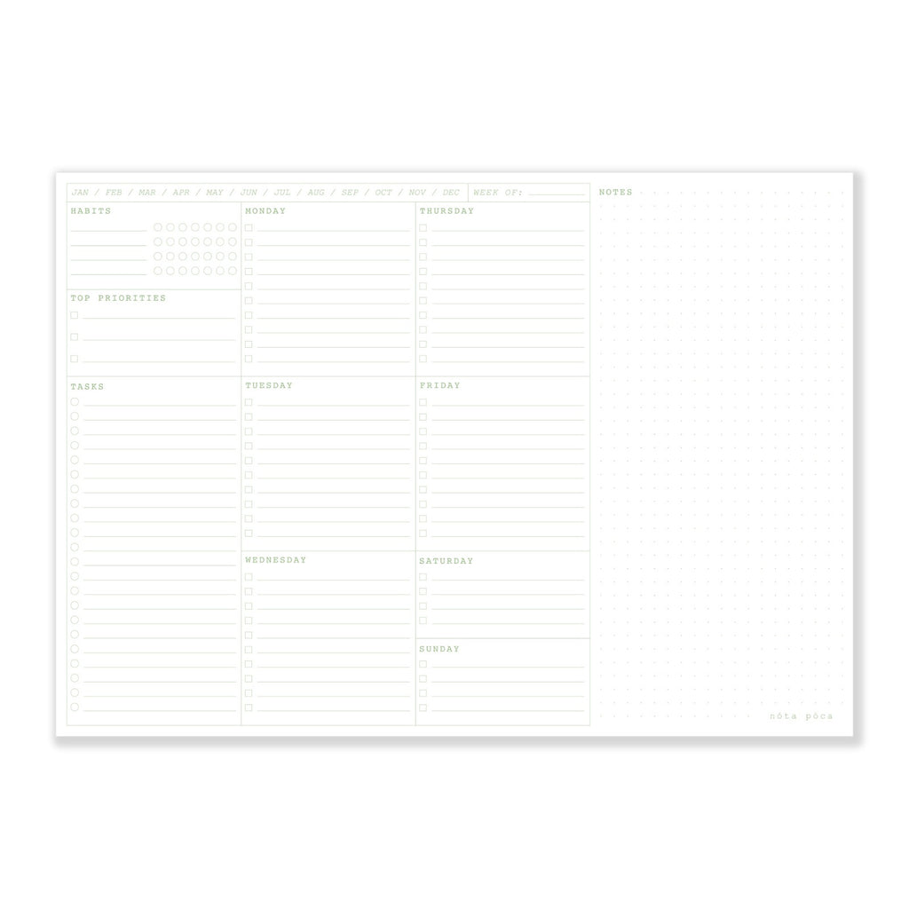 nóta póca white and green desk pad open showing weekly layout
