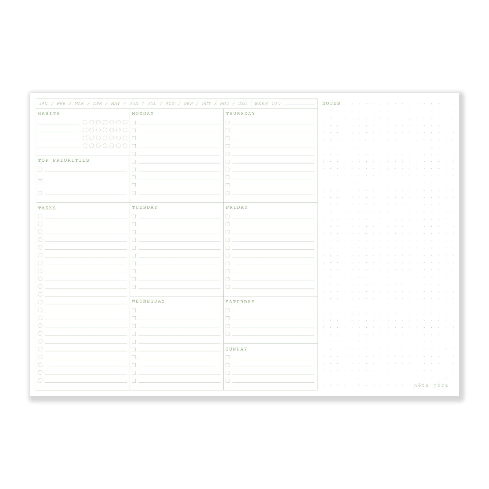nóta póca white and green desk pad open showing weekly layout