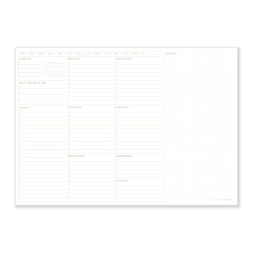 nóta póca white and green desk pad open showing weekly layout