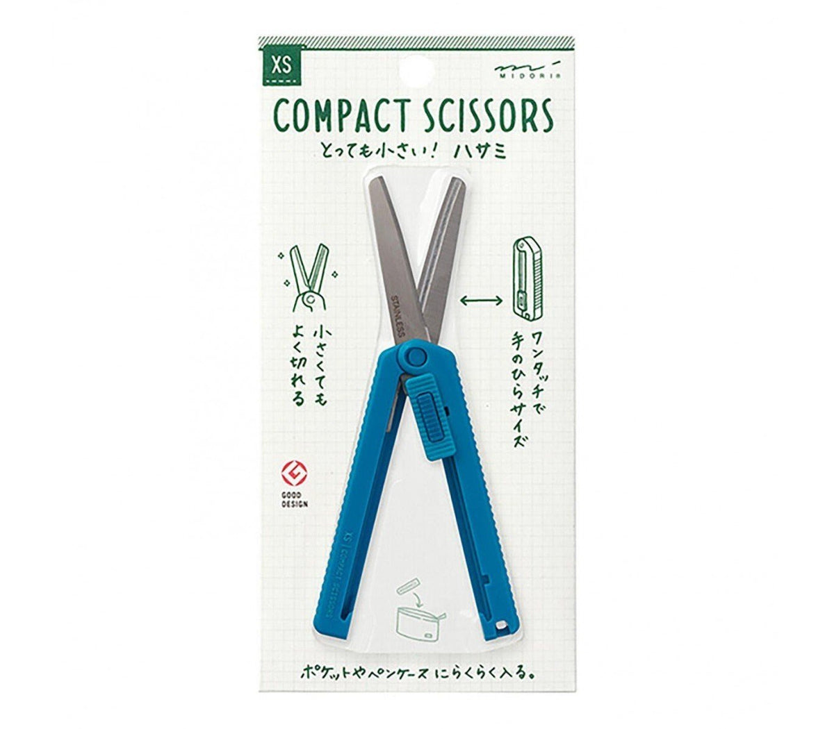 Midori blue compact retractable scissors in hand