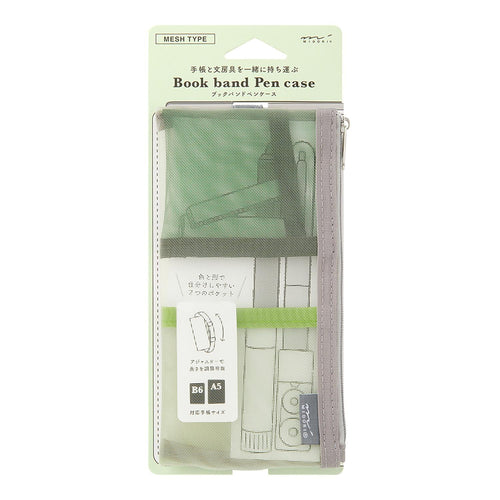 Midori green book band pen case attached to notebook