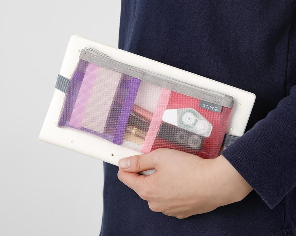 Midori pink book band pen case attached to notebook