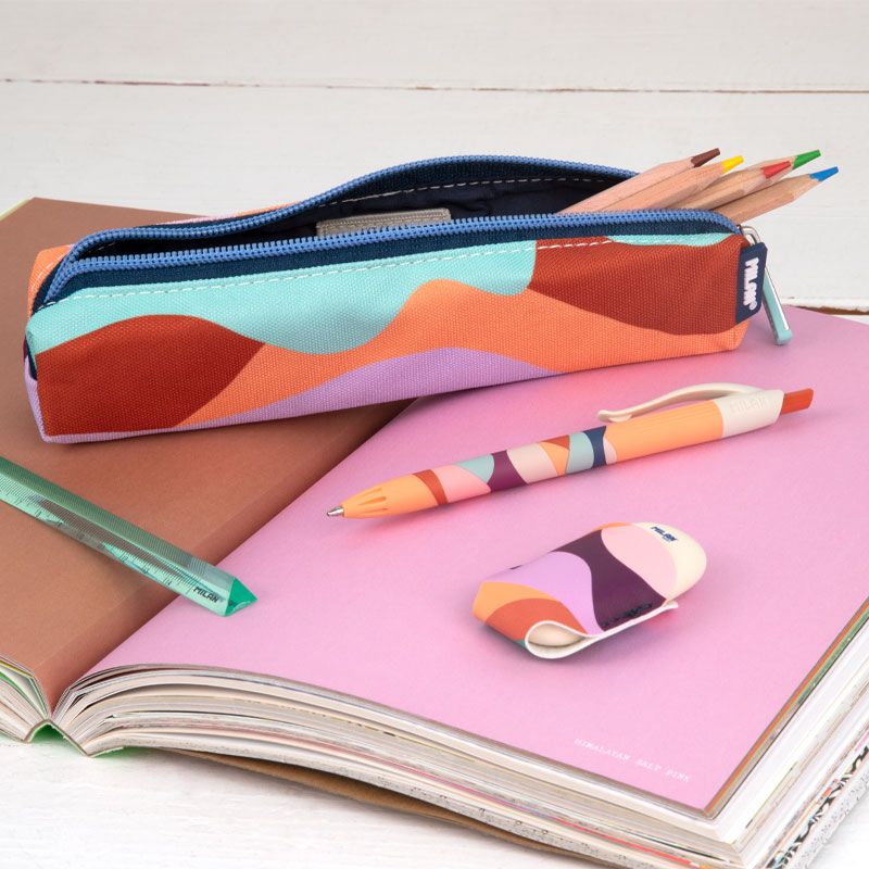 Milan mini round pencil case with stationery contents