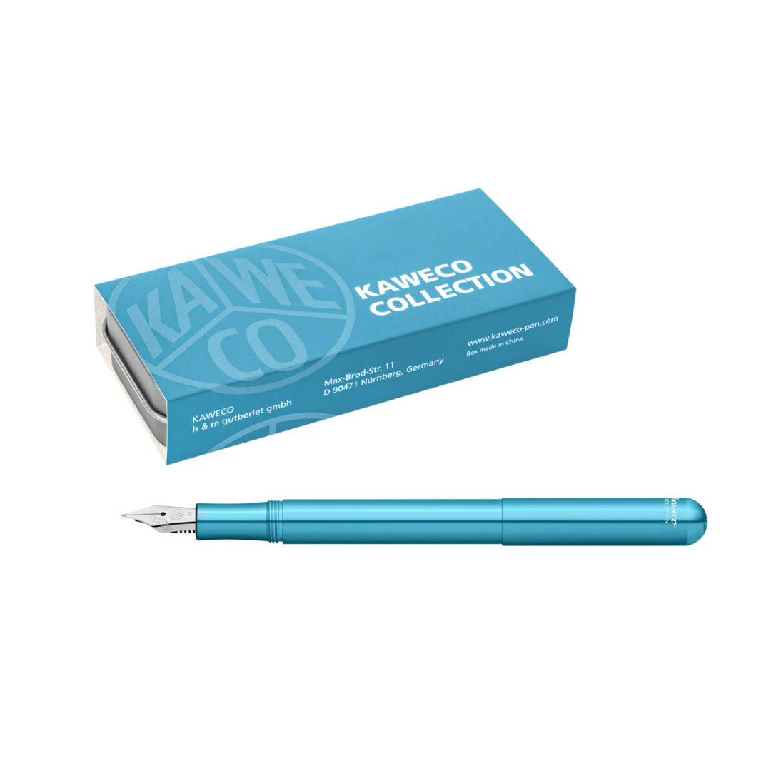 Kaweco Liliput blue fountain pen cap removed showing nib