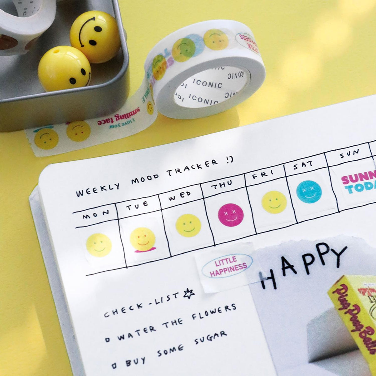 Iconic smiley masking tape unrolled showing smiley pattern
