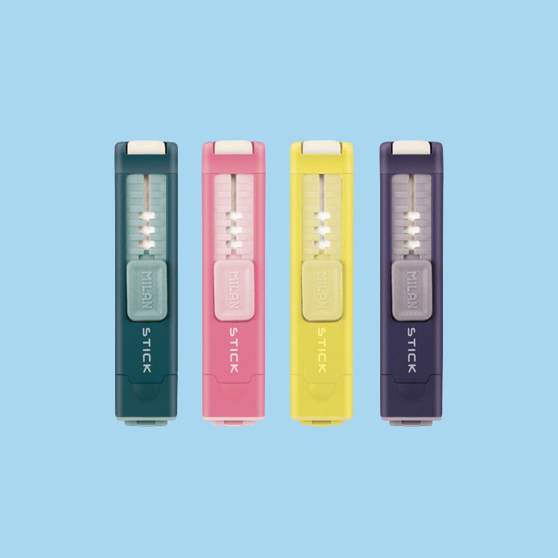 Milan sharpeneraser in blue showing sharpener function