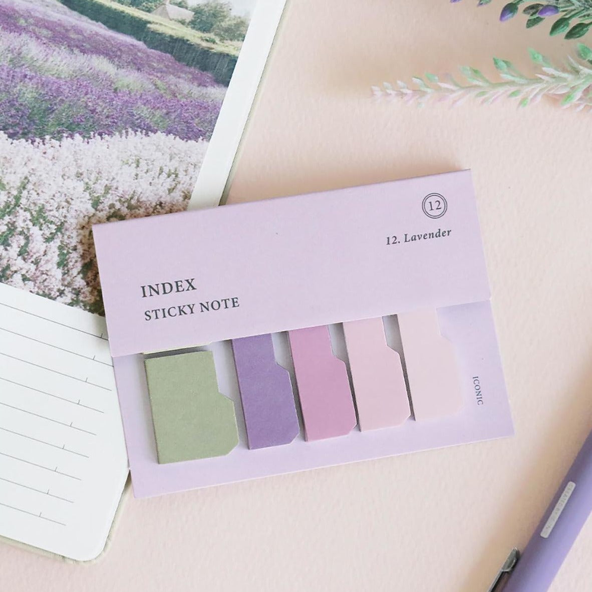 Iconic index sticky notes in lavender colour palette product photo