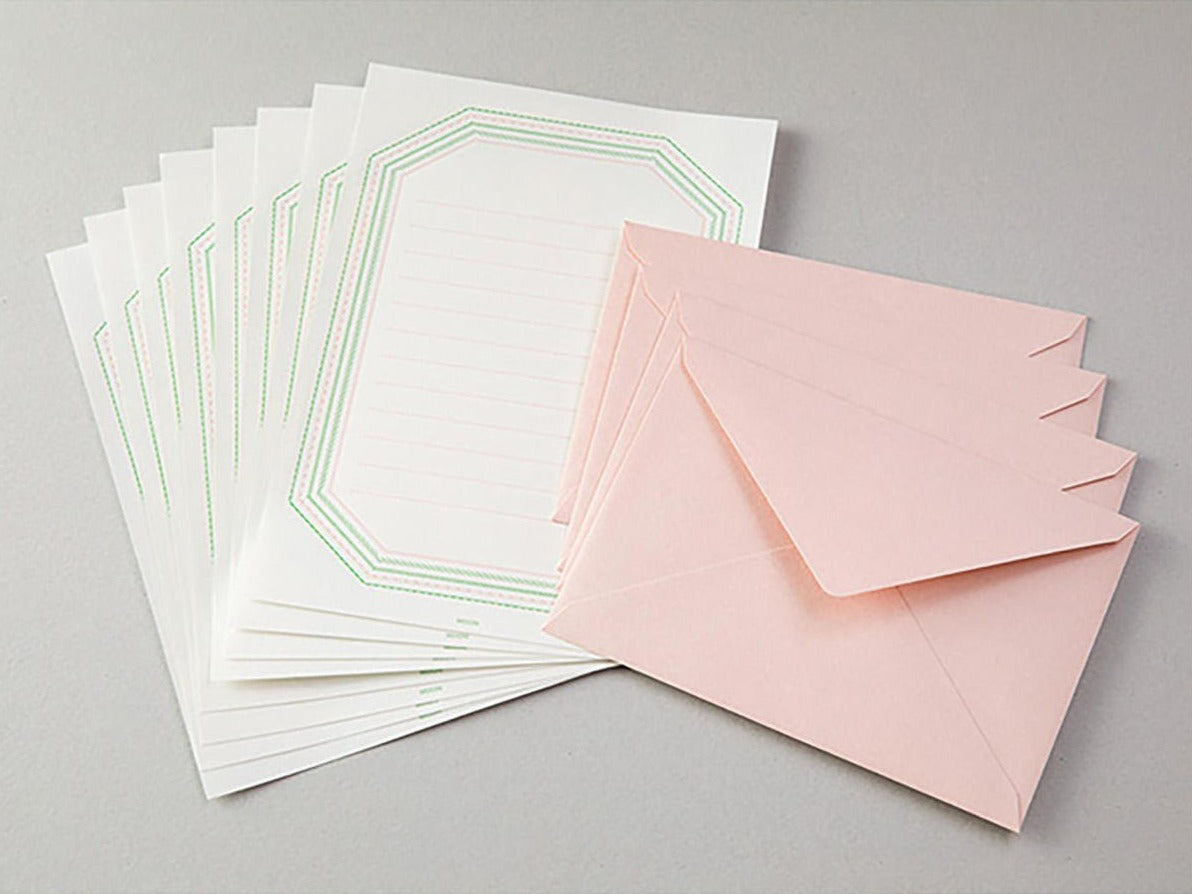 Midori letter writing set contents laid flat showing paper and envelopes