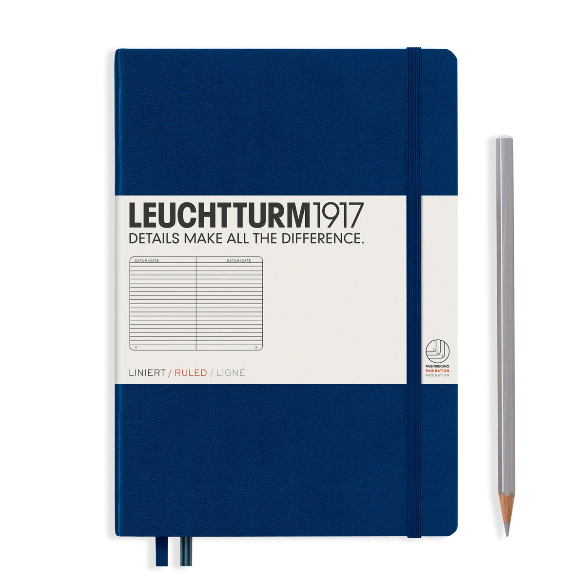 Leuchtturm1917 navy A5 notebook open showing dotted pages