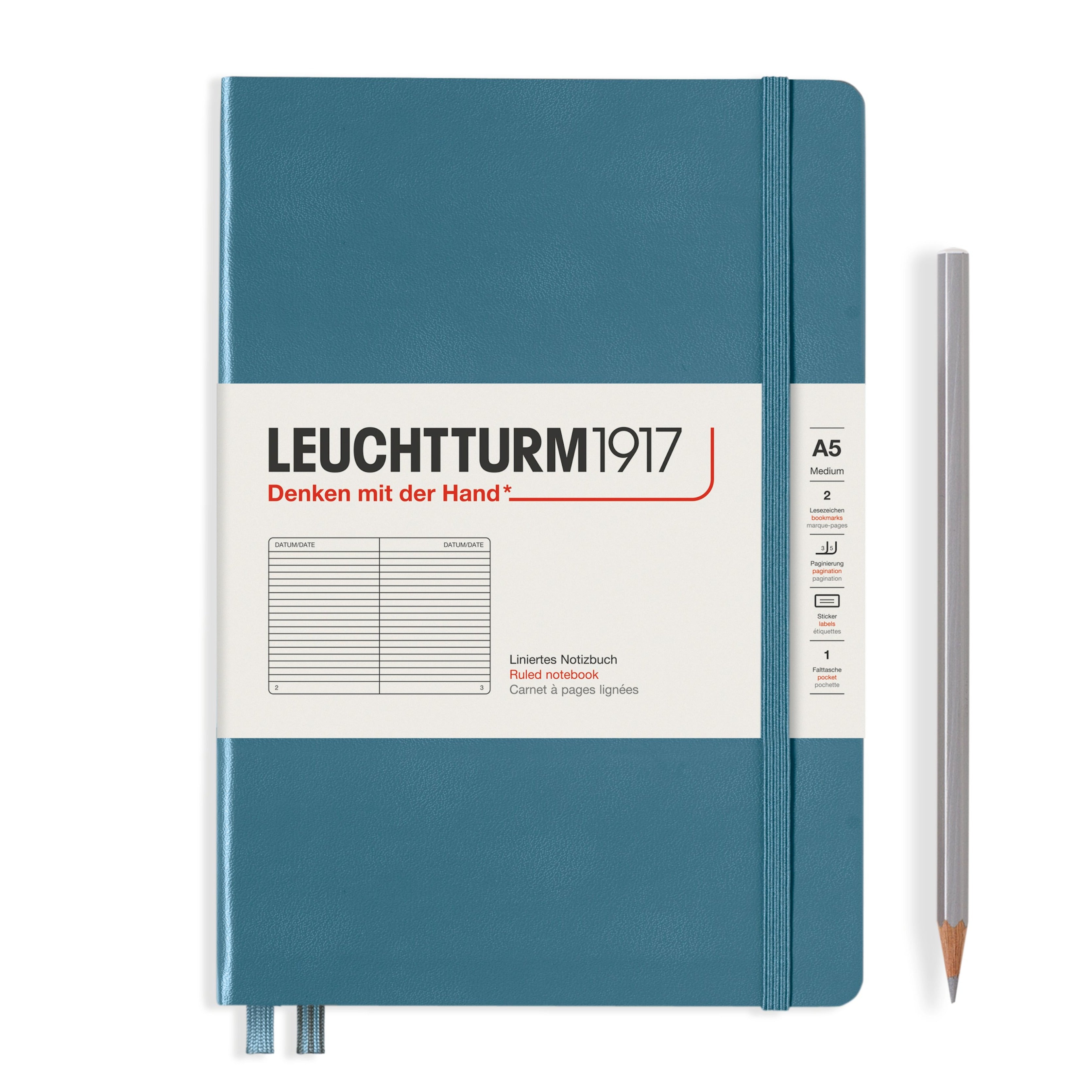 Leuchtturm1917 stone blue A5 notebook open showing pages