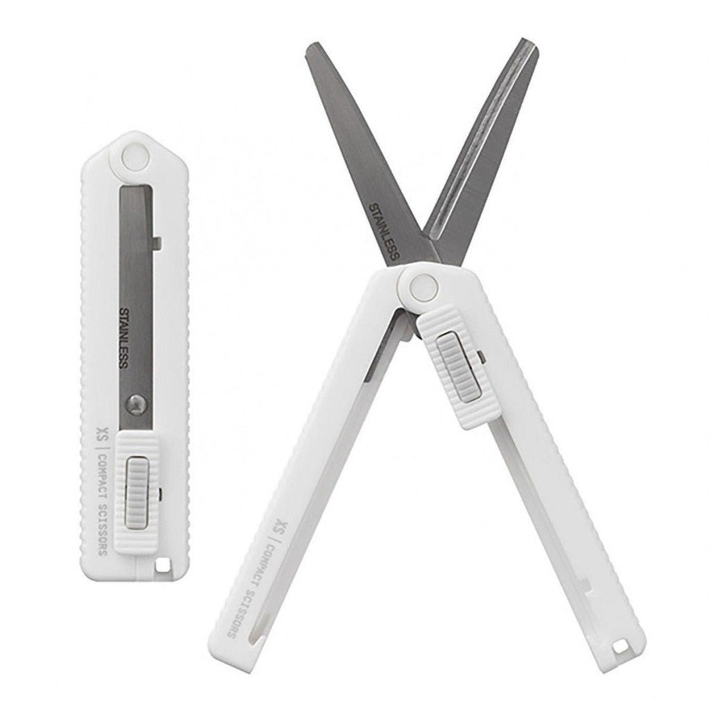 Midori white compact scissors open showing blades
